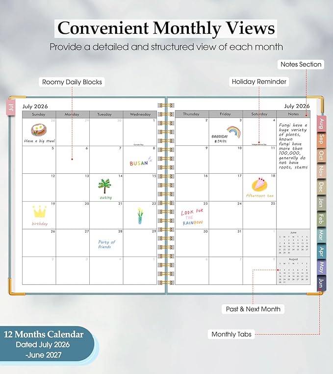 Academic Planner 2026-2027, Hardcover Leather Weekly and Monthly Calendar Planner from July 2026 - June 2027, A5 6.1" x 8.2" Daily Agenda with Tabs, College School Organizer for Student Teacher, Dusty Blue