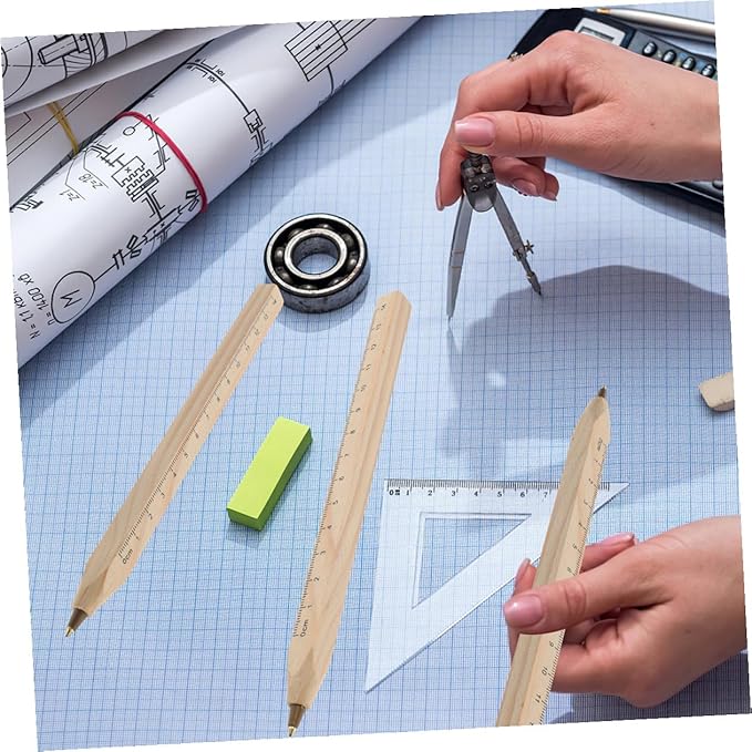 Abaodam Natural Biodegradable Solid Wood Ballpoint Pens with Ruler Printing, Black Carpenter Marker Signature Pen Set 20pcs for Construction and Woodwork