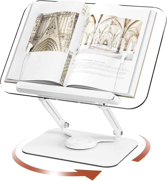 Acrylic Book Stand for Reading, Adjustable Book Holder with 360° Rotating Base & Elastic Page Clips, Foldable Desktop Riser Stand for Cookbook,Laptop,Tablet,Music Scores,Recipe,Textbook (White, 11.8")