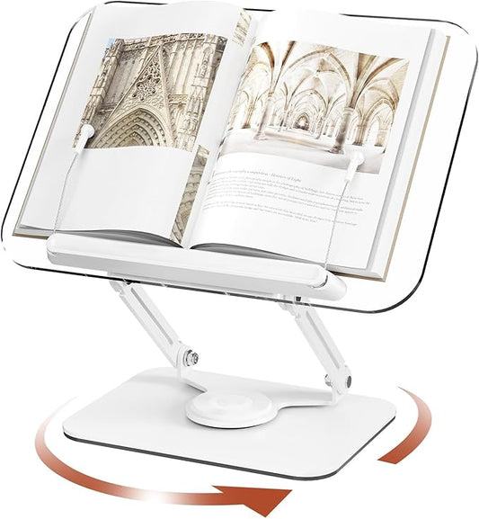 Acrylic Book Stand for Reading, Adjustable Book Holder with 360° Rotating Base & Elastic Page Clips, Foldable Desktop Riser Stand for Cookbook,Laptop,Tablet,Music Scores,Recipe,Textbook (White, 11.8")