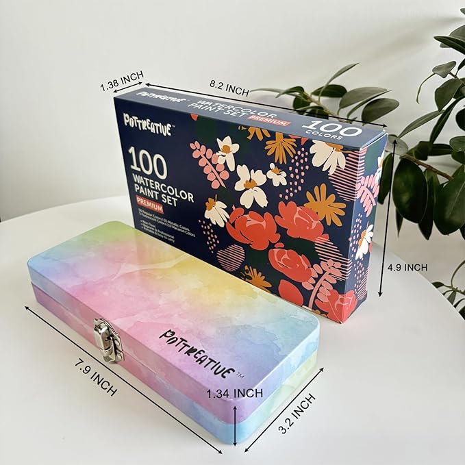 100 Solid Watercolor Paint Kit, Beginner Portable Travel Case with Brushes, Metallic, Macaron, Fluorescent Art Supplies for Anime, Portrait, Canvas Painting - Great Gift for Festivals, Back to School