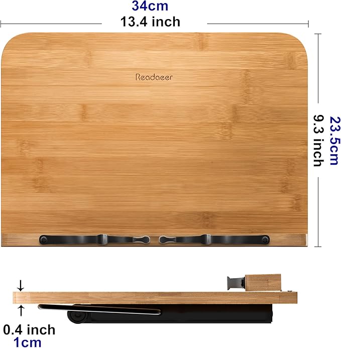 Readaeer Bamboo Book Stand, Large Book Holder with 6 Adjustable Height, Foldable Cookbook Stand Desktop Document Holder for Kitchen & Office (13.4 x 9.3 Inch)