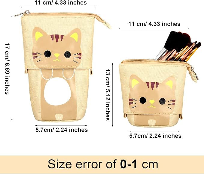Zonon 4 Pieces Standing Pencil Case Cat Print Telescopic Pencil Case Stand up Pen Holder Canvas PU Cartoon Portable Makeup Bag for School Office Cosmetics Gift Supply(Cat Print)