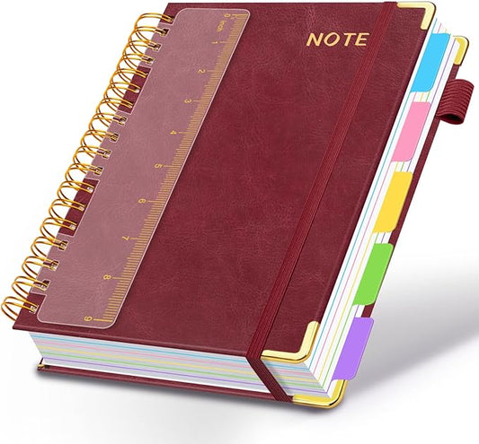 Hardcover Spiral Notebooks for Work 8''x 10'', 300 Pages 5 Subject Notebook with Dividers & Tabs, B5 Spiral Journal for Women, College Ruled Notebooks for School Note-Taking (Wine Red)