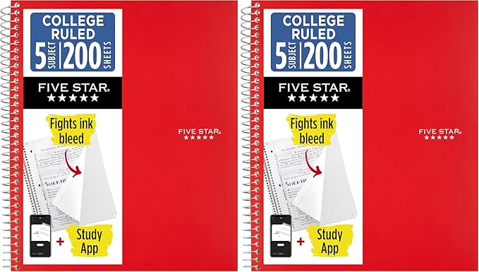 Five Star Spiral Notebook + Study App, 5 Subject, College Ruled Paper, 8-1/2" x 11", 200 Sheets, Fights Ink Bleed, Water Resistant Cover, Fire Red (72077) (Pack of 2)