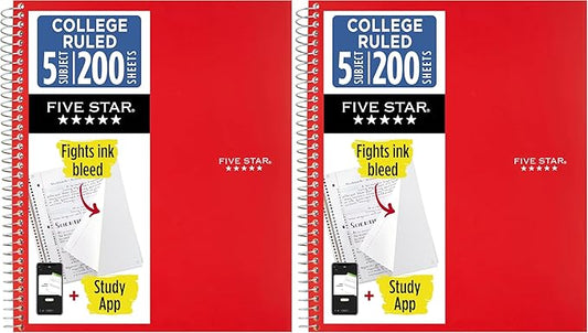 Five Star Spiral Notebook + Study App, 5 Subject, College Ruled Paper, 8-1/2" x 11", 200 Sheets, Fights Ink Bleed, Water Resistant Cover, Fire Red (72077) (Pack of 2)