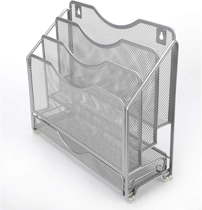 EasyPAG Mesh Desk Paper Organizer Wall Hanging File Holder with 3 Upright File Rack and Sliding Drawer,Silver