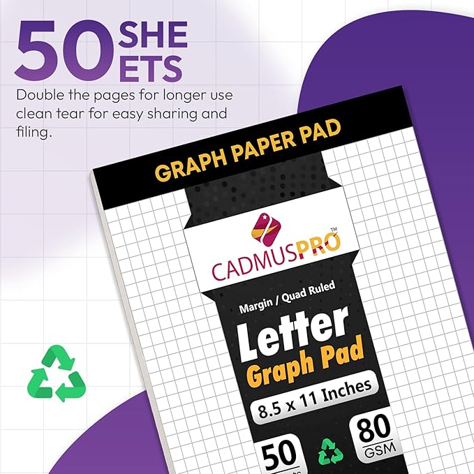 Graph Paper Pads 8.5x11 Inch, 50 Sheets, Double-Sided 80 GSM Quadrille Grid Math Notebook Paper for Students, Engineering Pad, Blueprint Drafting and Architecture Sketching