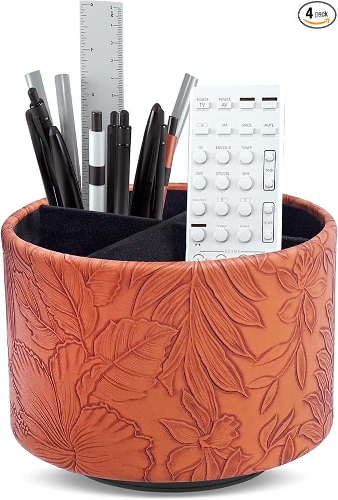 Round Leather Art Supply Organizer,Remote Control Holder,360 Degree Spinning,Multi-Functional Pencil Holder,4 Compartments Desktop Stationary Organizer(1-Carved Brown)