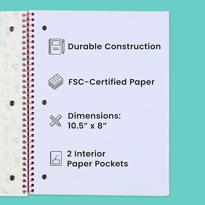 Yoobi College Ruled 8 x 10.5” Spiral Notebook Set – Bulk 6-Pack of 1 Subject Notebooks, Variety of Cute Designs – 100 Perforated 3-Hole Punched Sheets, For School, Office & Home