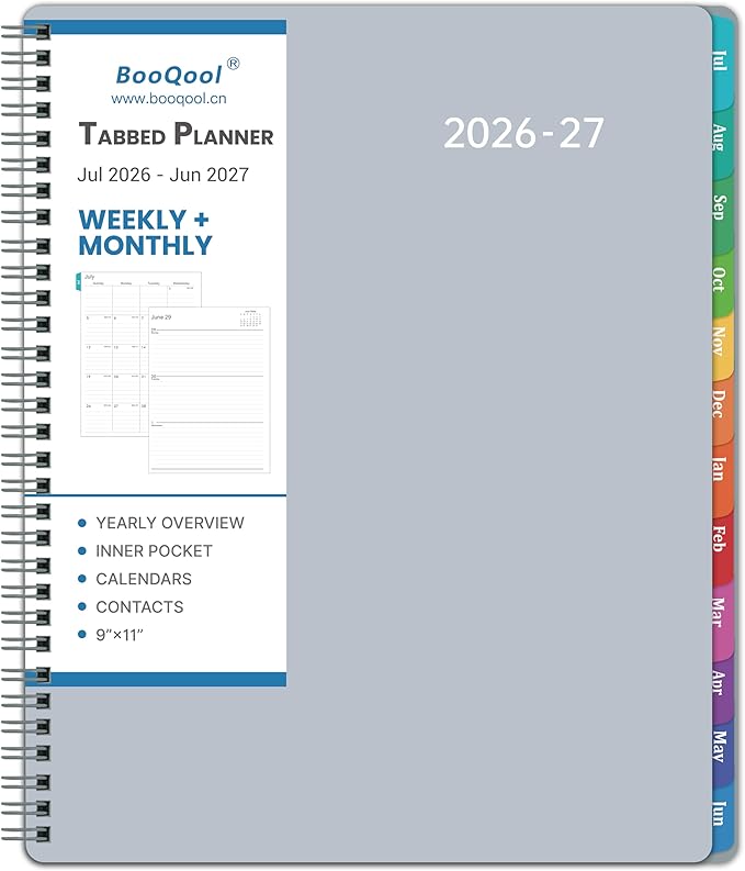 Planner 2026-2027 – 2026-2027 Planner Weekly and Monthly, 9" x 11", Large, July 2026 – June 2027, 12 Monthly Tabs, Strong Twin-Wire Binding, Inner Pocket, Hardcover, Grey