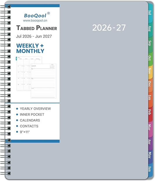 Planner 2026-2027 – 2026-2027 Planner Weekly and Monthly, 9" x 11", Large, July 2026 – June 2027, 12 Monthly Tabs, Strong Twin-Wire Binding, Inner Pocket, Hardcover, Grey
