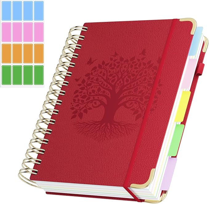 QIYVLOS Hardcover Spiral Notebook, A5 Journal with Removable Dividers Tabs, 5 Subject Notebook College Ruled, 320 Pages 6"x8" Leather Notebooks for Work School Study, Lined Journal for Women, Red