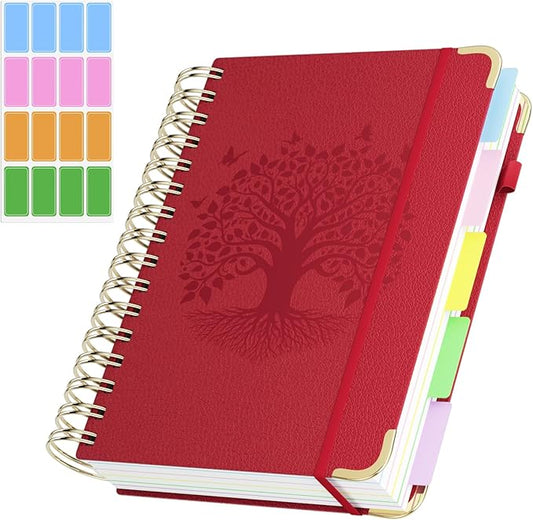 QIYVLOS Hardcover Spiral Notebook, A5 Journal with Removable Dividers Tabs, 5 Subject Notebook College Ruled, 320 Pages 6"x8" Leather Notebooks for Work School Study, Lined Journal for Women, Red
