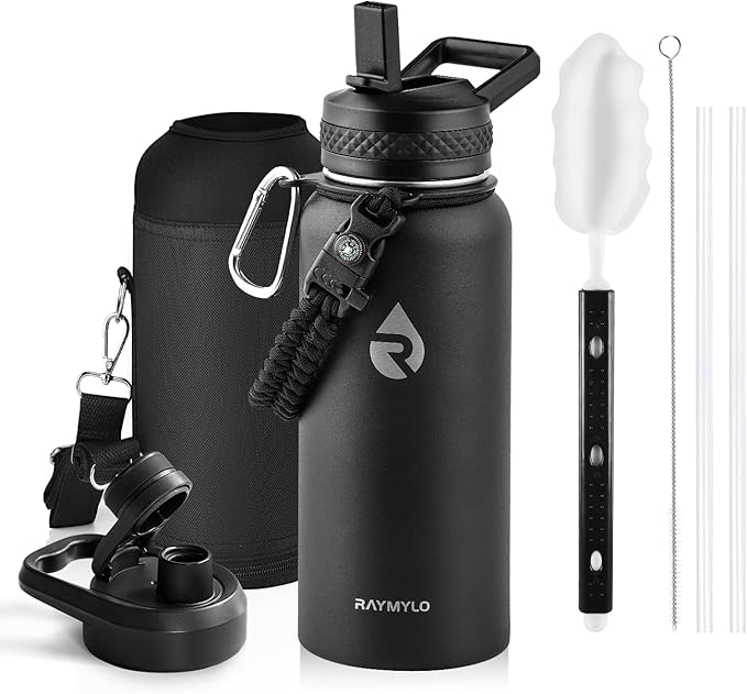 RAYMYLO Insulated Water Bottle 32 oz, Triple Wall Vacuum Stainless Steel (Cold for 24Hrs, Hot for 12Hrs), Leak Proof & Non-BPA, Modern Water Flask Jug with Paracord Handle & Straw Spout Lids