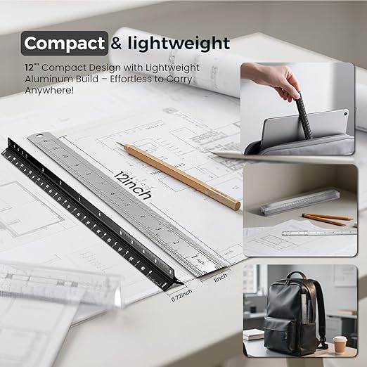 2 Pcs Architectural Scale Ruler 12 Inch, Aluminum Architect Ruler & Metal Ruler Set, Imperial Engineer Scale for Blueprints, Drafting Ruler for Architects, Students, Draftsmen, and Engineers (Black)