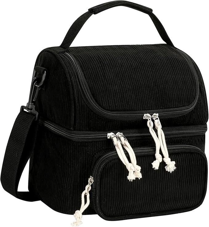 HowFly Lunch Bag for Women Insulated Lunch Boxes Corduroy Resuable Lunch Box for Girls Teens Kigs Boys Portable Thermal Cooler Bags for School Work, Black