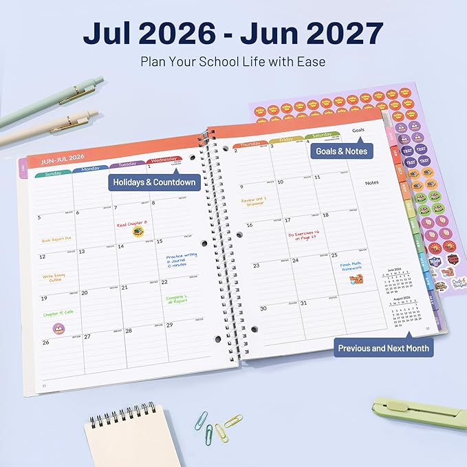 Student Planner 2026-2027, SUNEE Middle or High School Student Planner for Academic Jul. 2026 - Jun. 2027, 8.5"×11" Lesson Plan Book with 3-Hole Punched, Bookmark, Planning Stickers, Academic Color