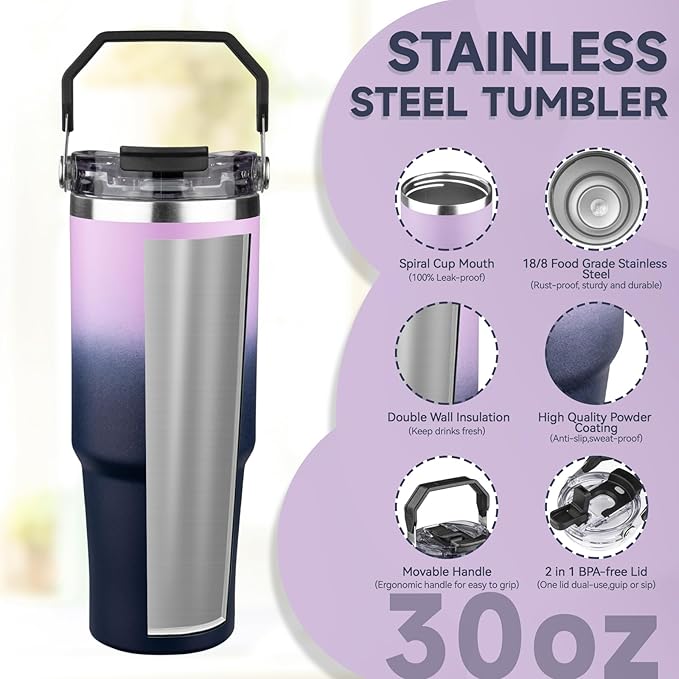 30oz Tumbler with Handle and Flip Straw Lid Double Wall Insulated Travel Coffee Mug Stainless Steel Vacuum Coffee Tumbler Cup for Hot and Cold Drinks,Leak-proof&BPA-free（30oz,Light purple Navy blue）