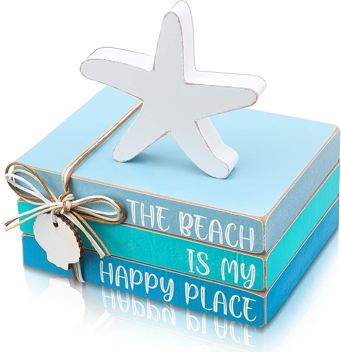 Pinkunn 4 Pcs Summer Table Coastal Theme Decorations Wooden Beach Starfish Stacked Book Sign Nautical Tiered Tray Signs & Plaques for Tabletop Shelf Mantel Office Beachy Room Decor