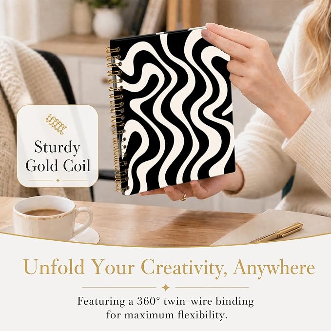 ATJFKIXL Cute Spiral Journal Notebook, A5 120 Page College Ruled Wirebound Notebook, Soft Cover for Students Office Notes and Planning - Black White Wave