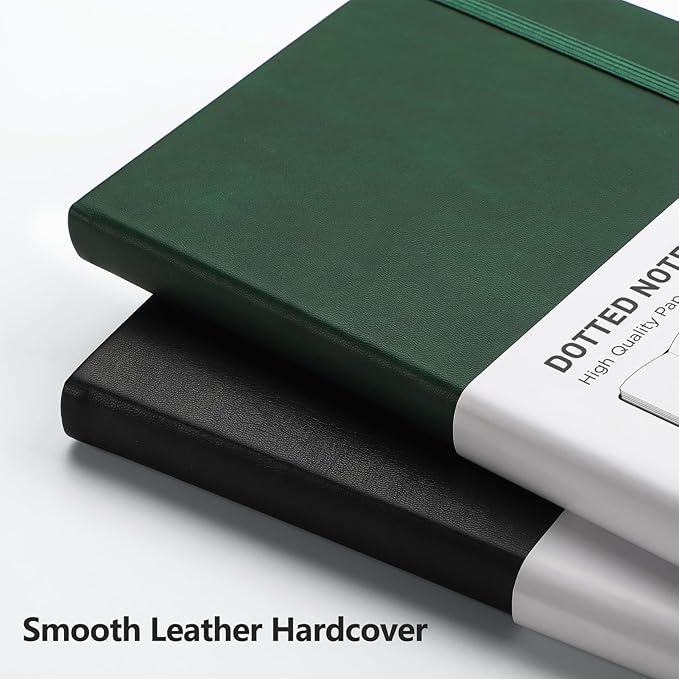 RETTACY Dotted Journal Notebook, 2-Pack, 160 Numbered Pages per Pack, A5 Medium Size (5.7'' x 8.3''), 120 GSM Thick Paper, Leather Hardcover, for Journaling, Planning, Tracking (Black & Dark Green)
