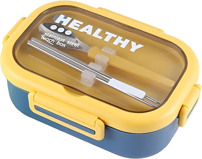 Stainless Steel Lunch Box, 2 Compartment Bento Box for Adults, Easy to Clean, Leak-Proof Design, Food Storage Container with Tableware for Family, Work, Picnics and Travel(850ml, Blue)