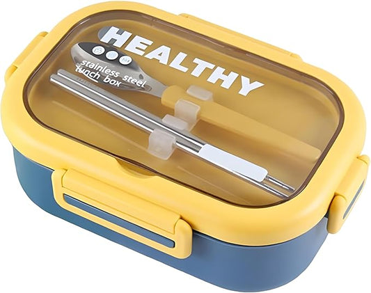 Stainless Steel Lunch Box, 2 Compartment Bento Box for Adults, Easy to Clean, Leak-Proof Design, Food Storage Container with Tableware for Family, Work, Picnics and Travel(850ml, Blue)