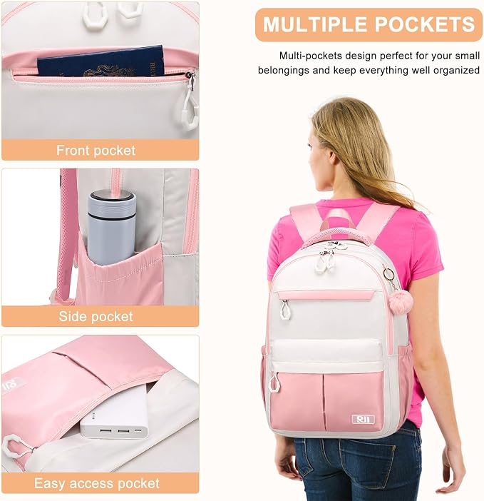 School Backpack for Teen Girls & College Students, Anti-Theft Water Resistant 15.6 Inch Laptop Bookbag with Ergonomic Straps, Multiple Compartments, College High School Bag, Pink