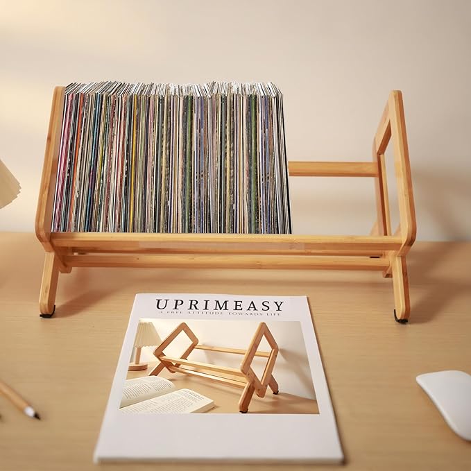 Desktop Bookshelf Organizer, Small Desk Book Shelf, Bamboo Book Rack Tilting Bookcase for Books/Magazine/CDs/Files Dispaly, Tabletop Bookshelf Storage Rack in Living Room/Office/Home