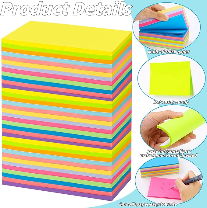 36 Pads Large Sticky Notes 3in x 5in, 12 Colors Adhesive Self-Stick Multicolor Memo Note Pads Bright Colorful Rectangle Sticky Notes for Office Home School Meeting Blank Desk Notebook 45 Sheets/pad