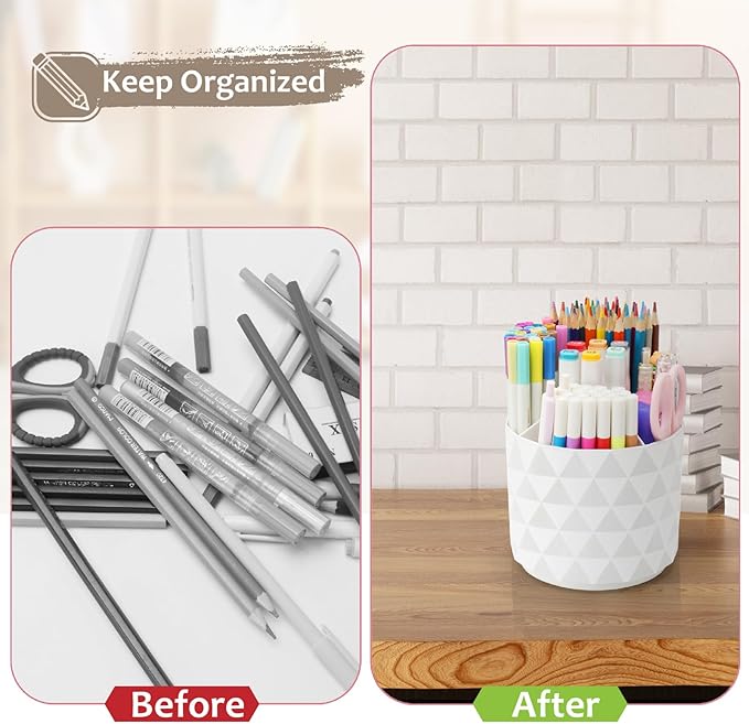 Desk Organizer, 360-Degree Rotating Pencil Pen Holders For Desk, Diamond Pattern Pen Organizer With 5 Compartments, Cute Desk Accessories Decor For Office, School,Home,Art Supply (Green)