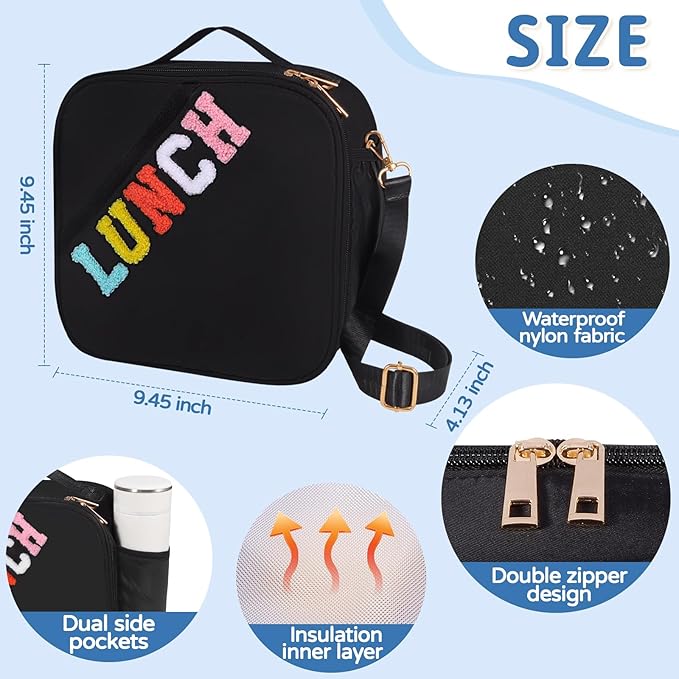 Nsrzua Insulated Lunch Bag With Adjustable Shoulder Strap, Reusable Lunch Bag for Kids, Girls, Boys, Women, Preppy Lunch Box for School, Travel, Picnic (Black)