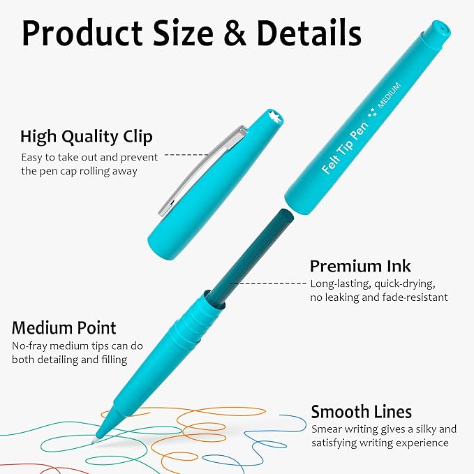 Lelix Felt Tip Pens, 15 Colors, 0.7mm Medium Point, Felt Tip Markers Pens for Journaling, Writing, Note Taking, Planner, Perfect for Art Office and School Supplies