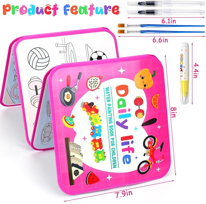 Vodolo Water Painting Book for Toddlers - 2 Pack Reusable Magic Water Coloring Book with 4 Water Pen 2 Brush - Mess Free Painting for Toddlers,No Mess Paint Coloring for Ages 3+ Travel Activity Toys
