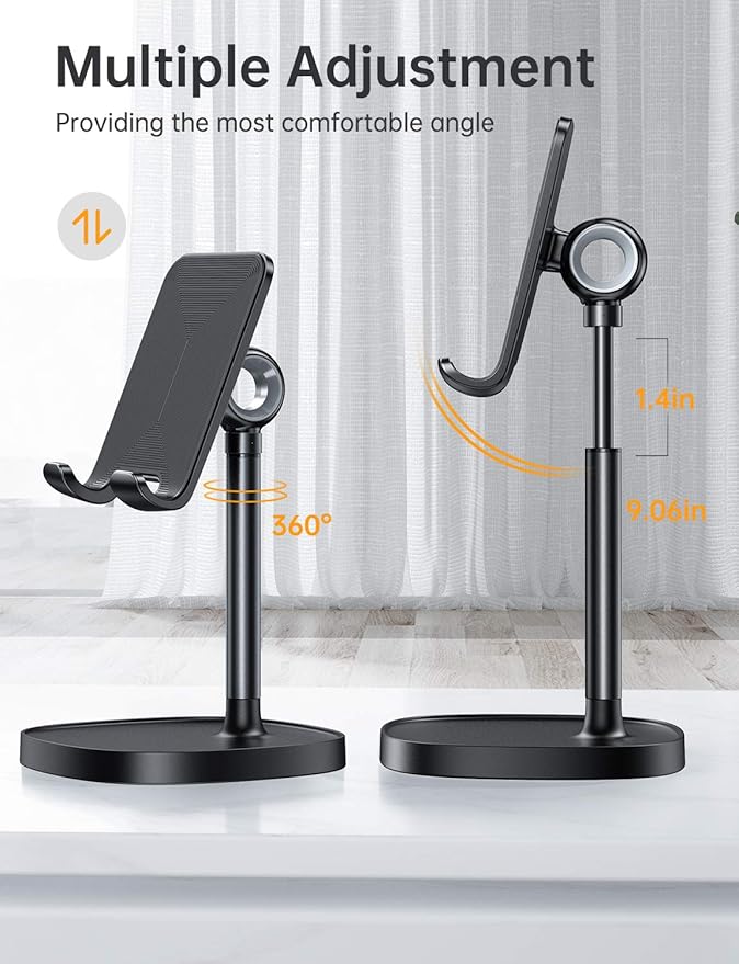 LISEN Cell Phone Stand Adjustable Phone Holer for Desk, Computer Office Desk Accessories for iPhone 16 Holder Women Kitchen Essentials Fits Switch Kindle iPads Tablet 4-10in (Full Black)