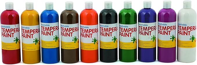 Fun Express Washable Tempera Paint Set for Kids - 10 Bright Colors in 16oz Squeeze Bottles | Non-Toxic Craft Paint for Classroom, Preschool & Art Projects | Safe Kids Paint Ages 3+