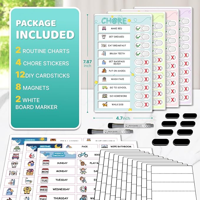 Dry Erase 4 in 1 Chore Chart for Multiple Kids - Magnetic Routine Chart with Slider Cute Chore Stickers, Visual Schedule for Kid with Autism to Do List Checklist for Kids