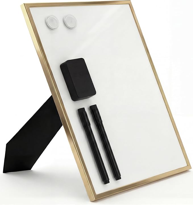 Magnetic Dry Erase Board 12x16 with Foldable Stand, Portable Gold Desktop Whiteboard for Home, Office, School & Kitchen