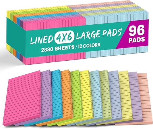 Lined Sticky Notes, 96 Pads, 4x6 Inches, Large Sticky Notes with Lines, Memo Note Pads in Multi Colors, 30 Sheets/Pad, Super Sticking Power for Office ＆ Home & Planning - Bright