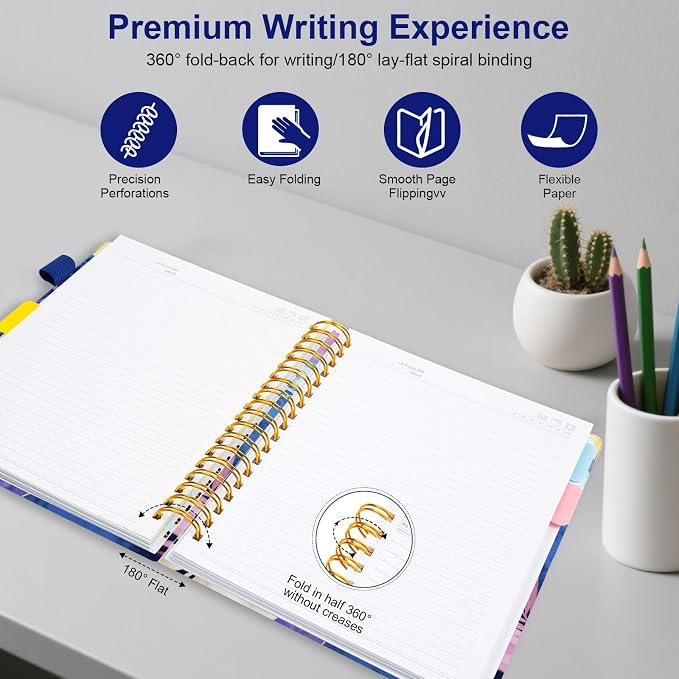 Spiral Journal Notebooks for Work, 300 Pages 5 Subject Notebook College Ruled with Dividers & Tabs, Notebook Journal for Women Students Note-Taking and Organizer (Tropical Monstera, 6.2''x 8.2'')
