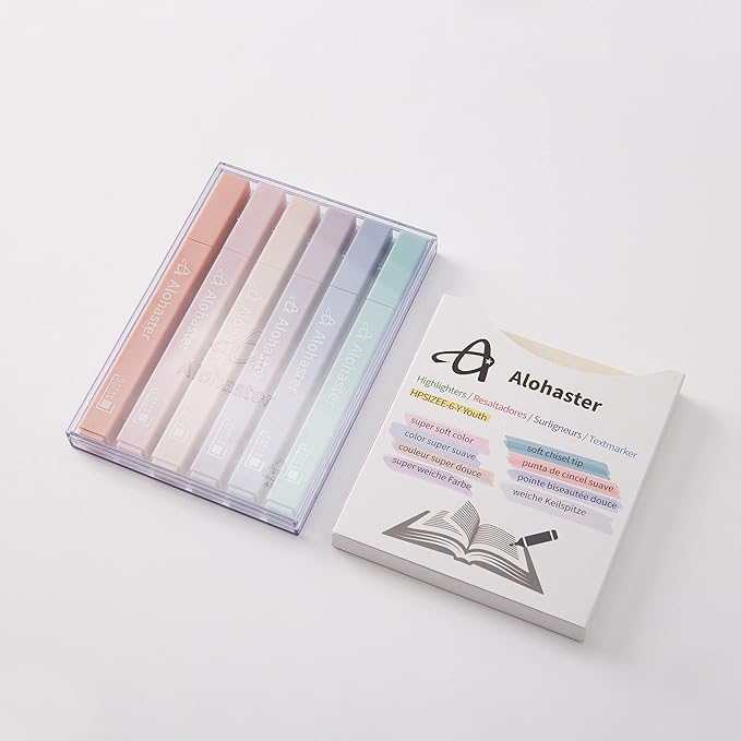 Alohaster HPSIZEE Aesthetic Cute Highlighters Mild Assorted Colors With Soft Chisel Tip, No Bleed Dry Fast Easy to Hold, for Journal Bible Planner Notes School Office Supplies, 6 Pack - Youth