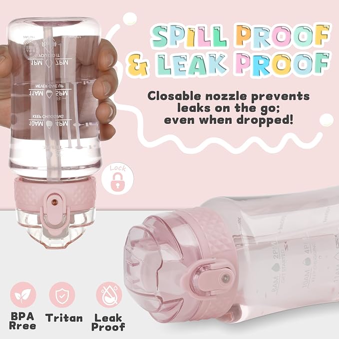 OLDLEY 12oz Kids Water Bottle, Tritan BPA-Free, Leakproof Flip Straw Lid, Motivational Time Marker, Carry Strap, Reusable Clear Water Bottle for Boys & Girls,Cherry Blossom