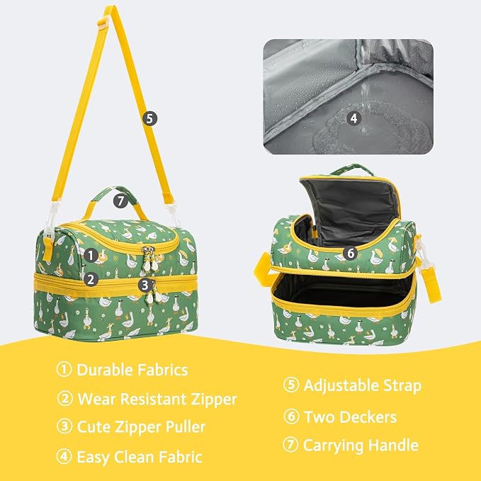 Insulated Kids Dual Compartment Lunch Bags Tote for Girls Boys Toddler Lunch Boxes Pre-School Toddler Kindergarten Picnic Camp Food Cooler Thermal with Strap (Z Ducks)