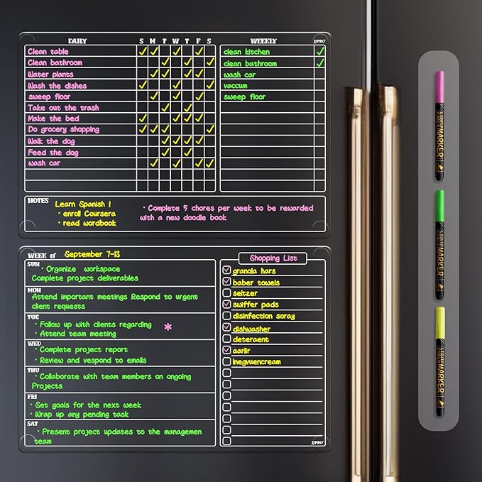 JJPRO Non-Magnetic Dry Erase Chore Chart for Fridge, 8.5"x13" Clear Reusable Chore Board for Kids and Weekly Planner, Dry Erase Weekly Meal for Refrigerator,Cabinet,Wall&Glass, All Smooth Surfaces