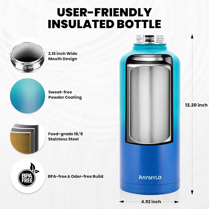 RAYMYLO Insulated Water Bottle 87 oz, Triple Wall Vacuum Stainless Steel (Cold for 48 Hrs), Leak Proof & Non-BPA, Modern Water Flask Jug with Paracord Handle & Straw Spout Lids, Cyan Blue