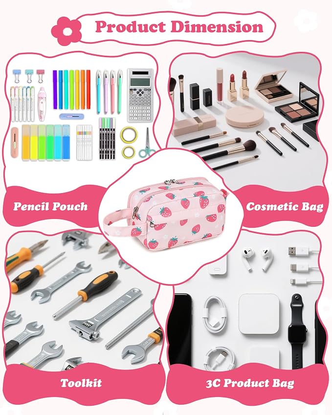 CAMTOP Cute Pencil Case for Girls, Large Capacity Pencil Pouch with 3 Compartments Pen Organizer Pink Kawaii Pencil Box Bag for School Travel Gifts