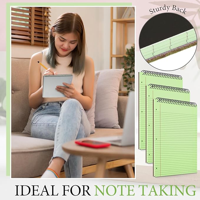 MotiMind 3 Pack 8.5" x 11" Top Spiral Notebook with 3 Hole Punched Green Legal Pads College Ruled Notepad 50 Sheets Hard Cardboard Paper Wirebound Notepad for Office School Business