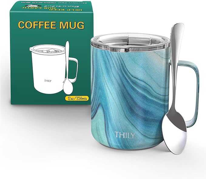 THILY Vacuum Insulated Travel Coffee Mug 12 oz Triple-Insulated Stainless Steel Coffee Cup with Handle, Spill-Proof Lid, Lightweight, Keeps Drinks Hot for Hours, Blue Swirl