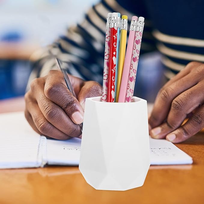 Veemoon Silicone Geometric Pencil Holder Pen Cup Small Desk Organizer Vase for Office Makeup Brush Stand White
